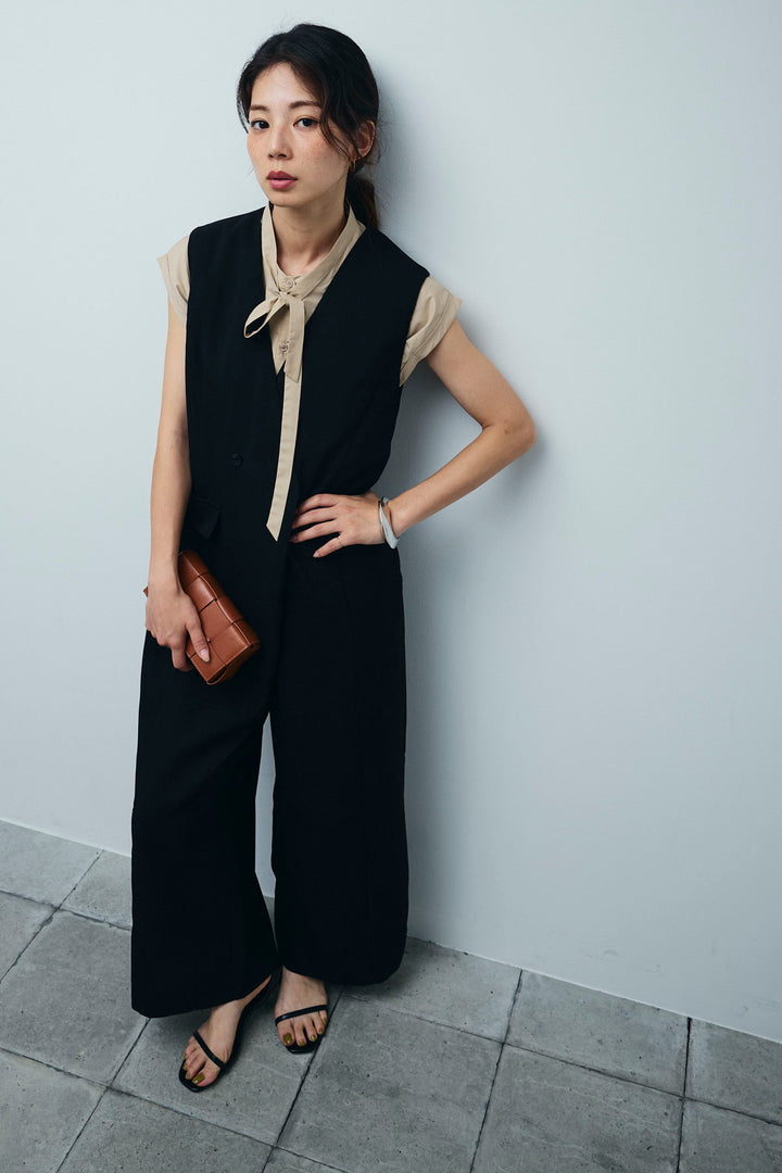 [予約/SET]ボウタイノースリティアードブラウス+リネンライクオールインワン(2set)