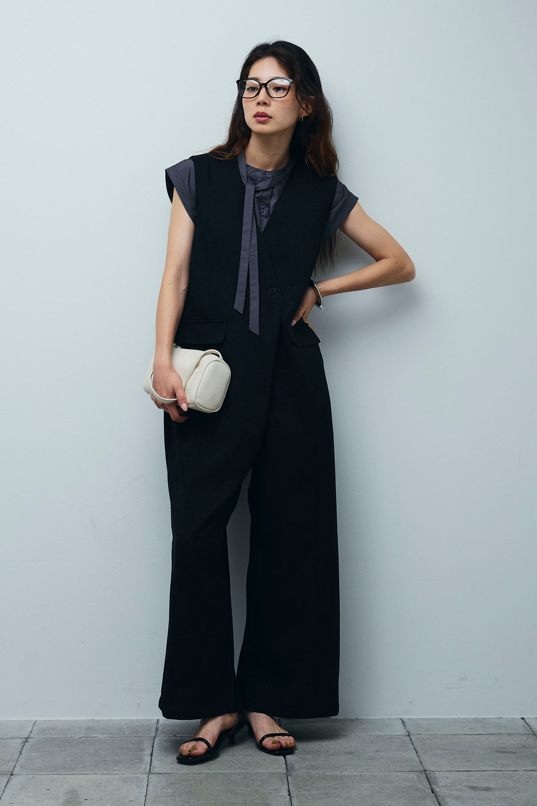 [予約/SET]ボウタイノースリティアードブラウス+リネンライクオールインワン(2set)