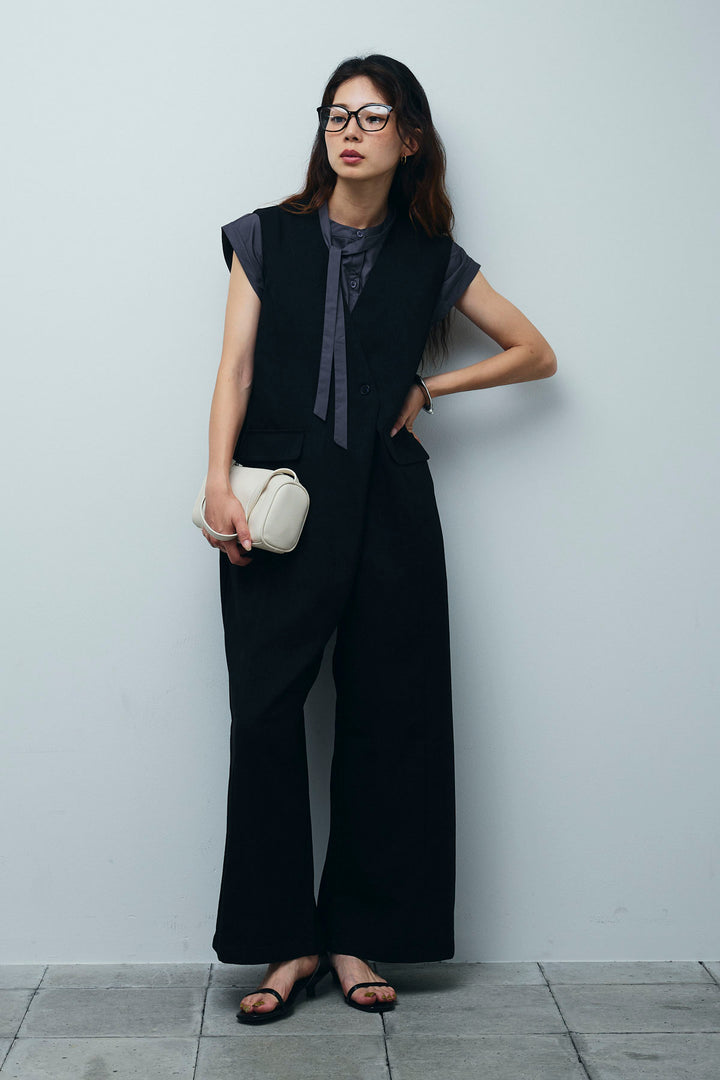 [予約/SET]ボウタイノースリティアードブラウス+リネンライクオールインワン(2set)