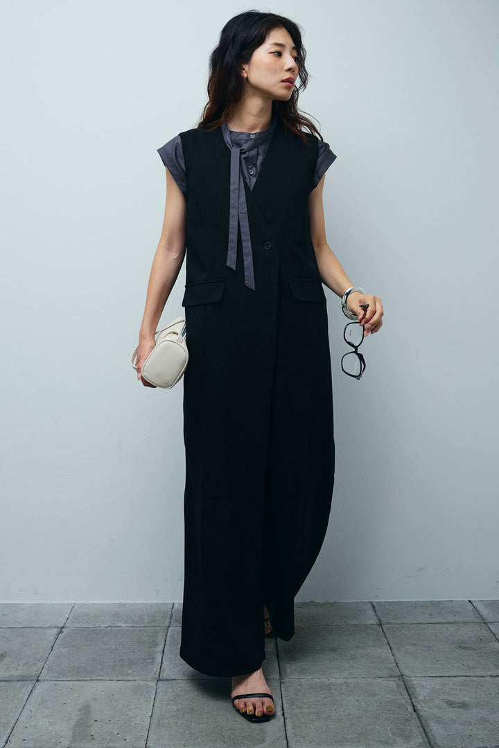 [予約/SET]ボウタイノースリティアードブラウス+リネンライクオールインワン(2set)