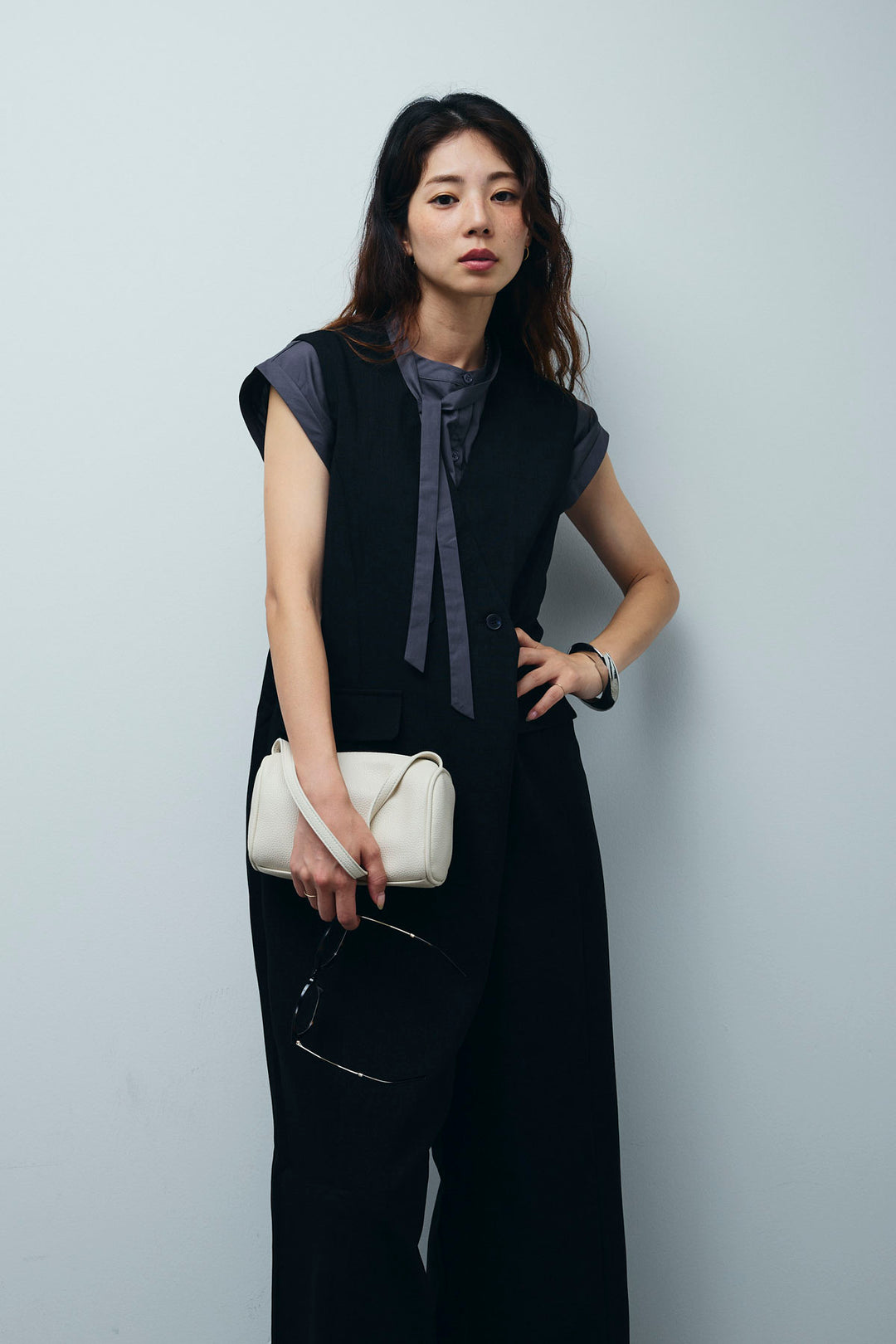 [予約/SET]ボウタイノースリティアードブラウス+リネンライクオールインワン(2set)