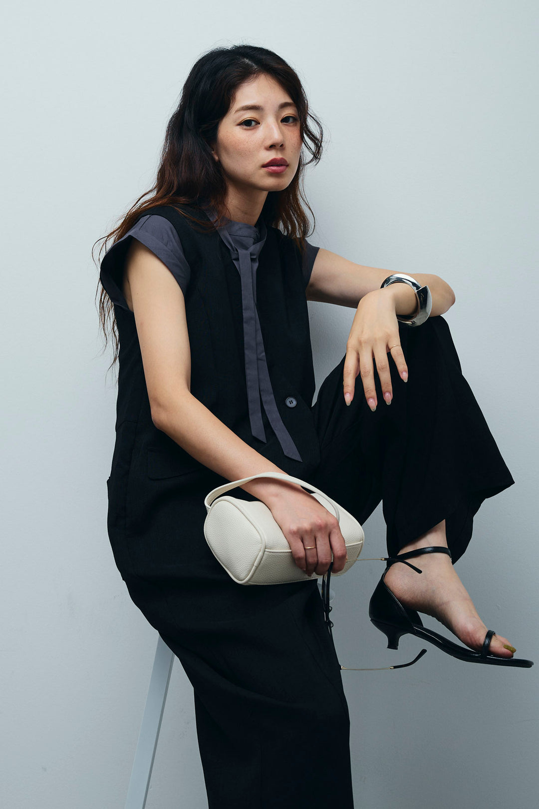 [予約/SET]ボウタイノースリティアードブラウス+リネンライクオールインワン(2set)