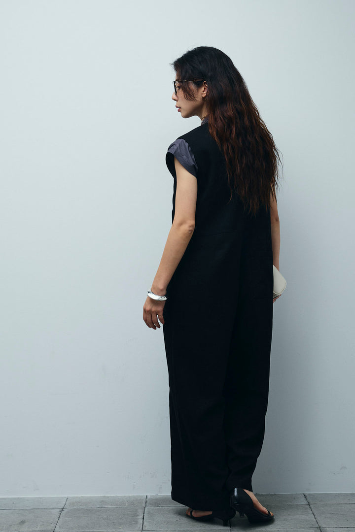 [予約/SET]ボウタイノースリティアードブラウス+リネンライクオールインワン(2set)