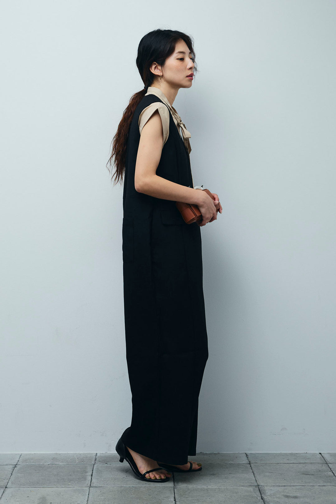 [予約/SET]ボウタイノースリティアードブラウス+リネンライクオールインワン(2set)