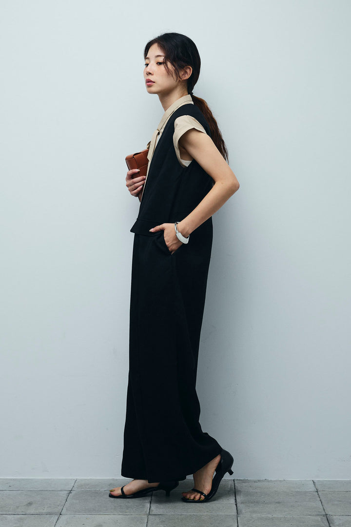 [予約/SET]ボウタイノースリティアードブラウス+リネンライクオールインワン(2set)