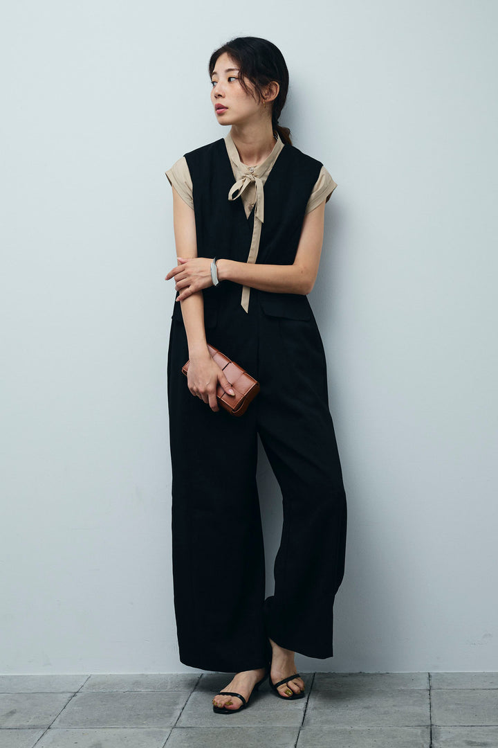 [予約/SET]ボウタイノースリティアードブラウス+リネンライクオールインワン(2set)