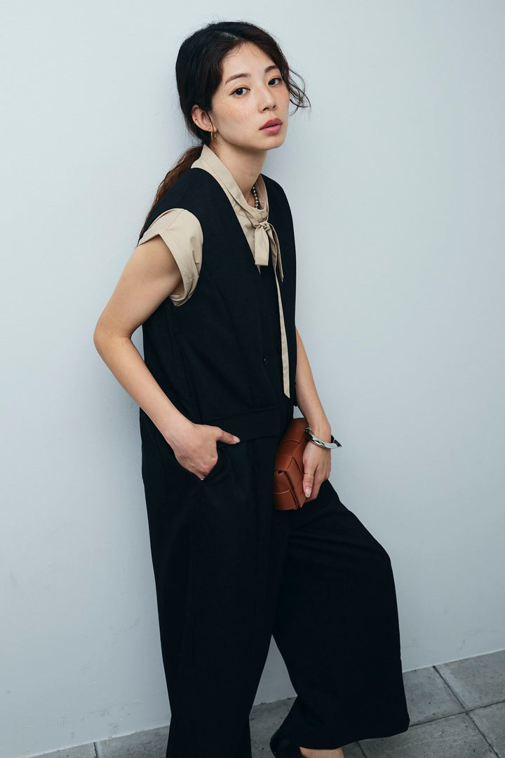 [予約/SET]ボウタイノースリティアードブラウス+リネンライクオールインワン(2set)