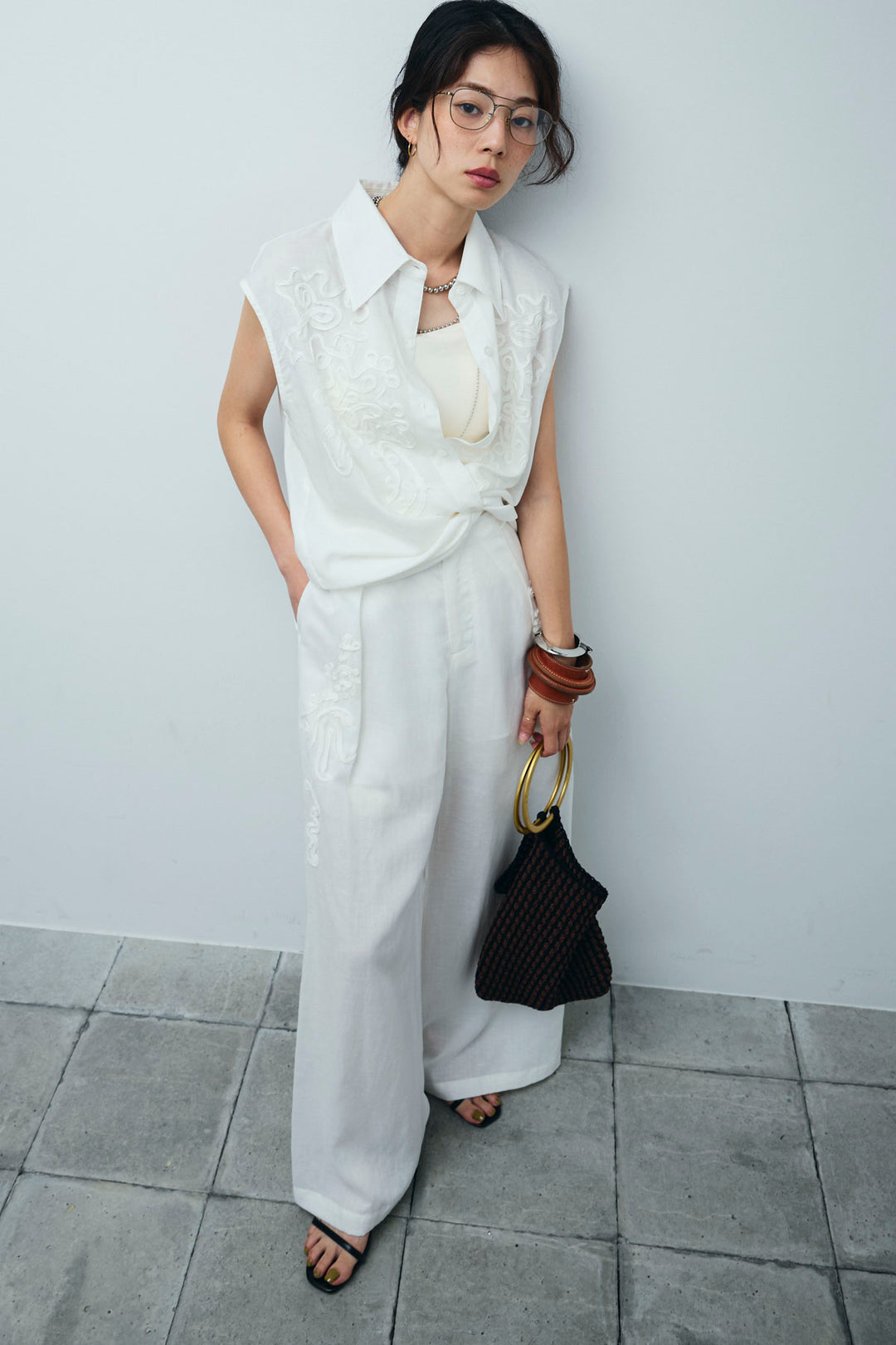 [予約/SET]リネンミックステープ刺繍シャツ+リネンミックステープ刺繍ワイドパンツ(2set)