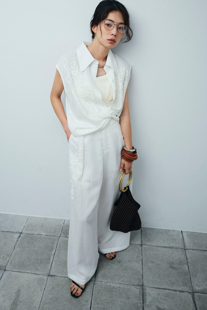 [予約/SET]リネンミックステープ刺繍シャツ+リネンミックステープ刺繍ワイドパンツ(2set)