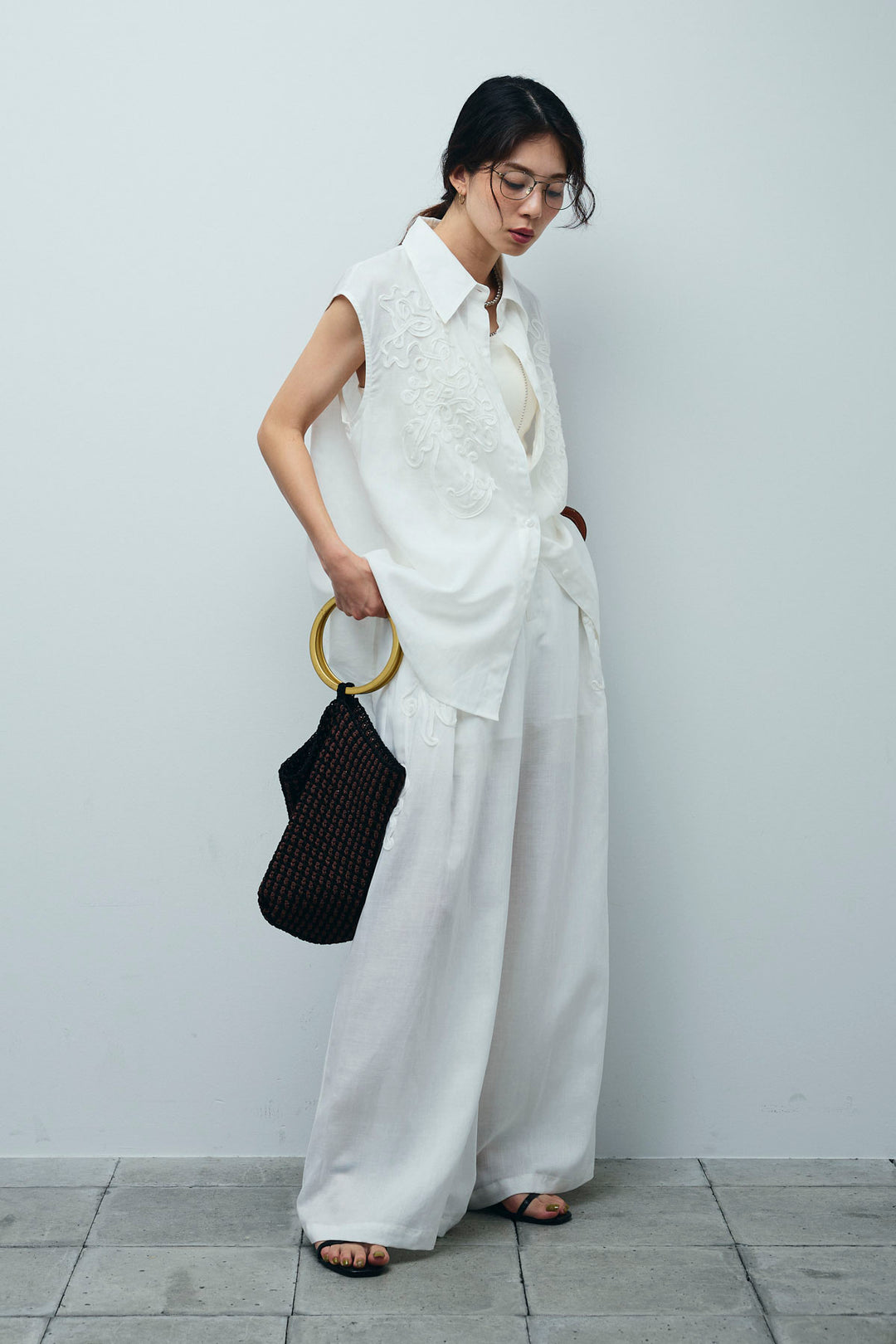 [予約]リネンミックステープ刺繍ワイドパンツ