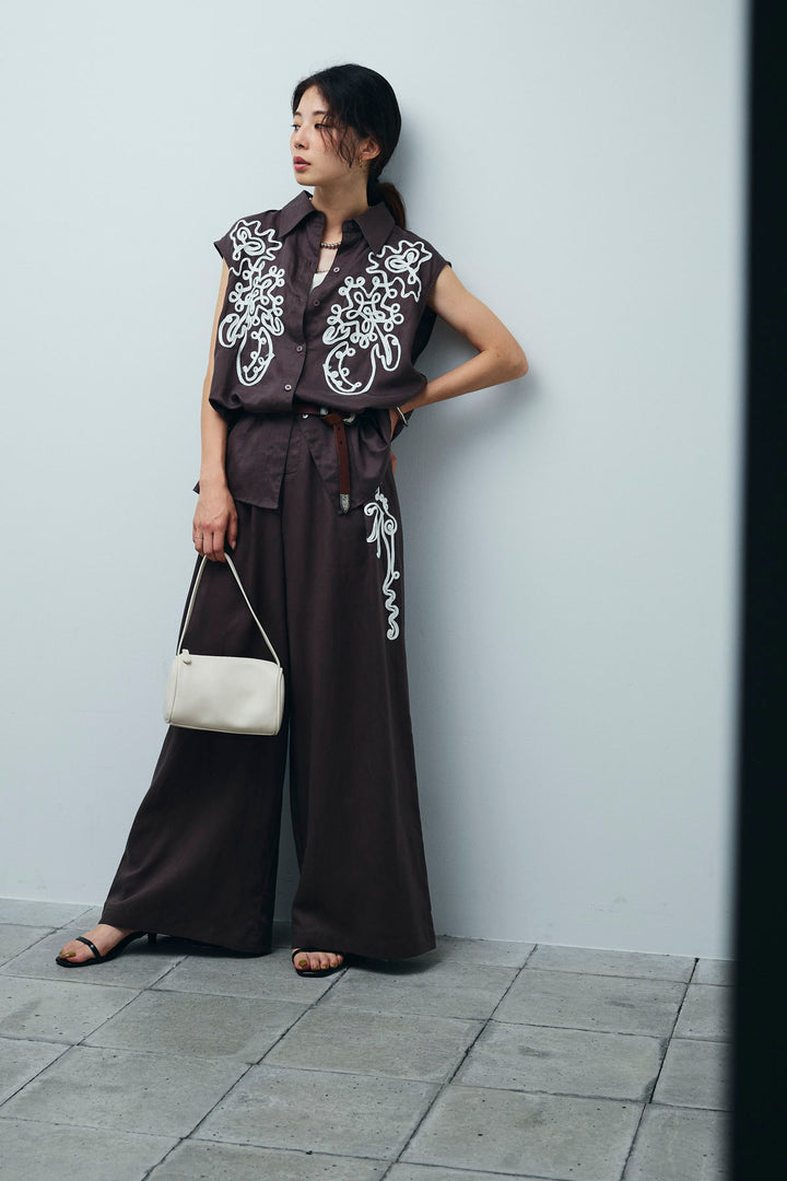 [予約/SET]リネンミックステープ刺繍シャツ+リネンミックステープ刺繍ワイドパンツ(2set)