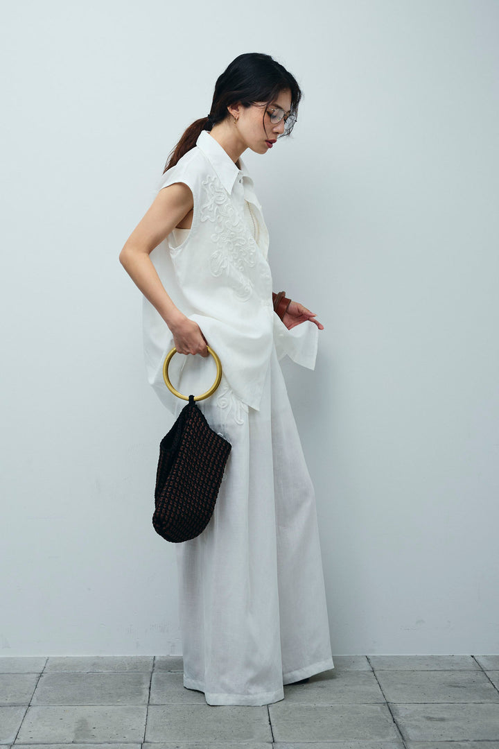 [予約/SET]リネンミックステープ刺繍シャツ+リネンミックステープ刺繍ワイドパンツ(2set)