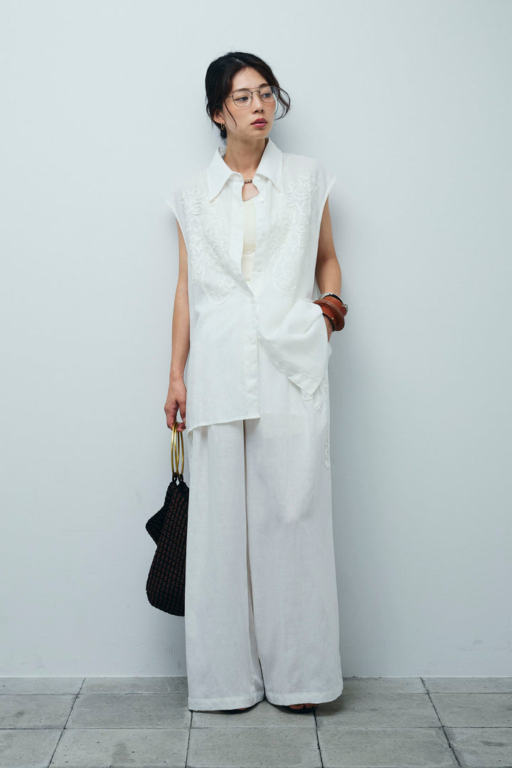 [予約/SET]リネンミックステープ刺繍シャツ+リネンミックステープ刺繍ワイドパンツ(2set)