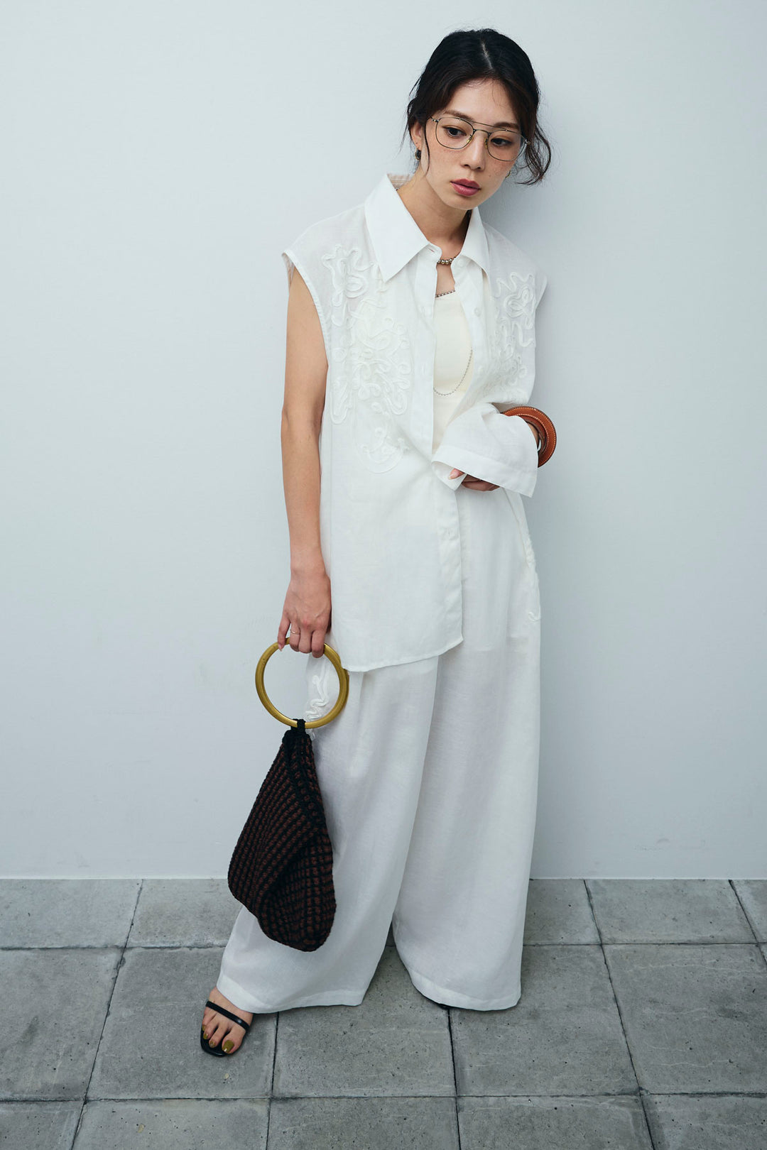 [予約/SET]リネンミックステープ刺繍シャツ+リネンミックステープ刺繍ワイドパンツ(2set)