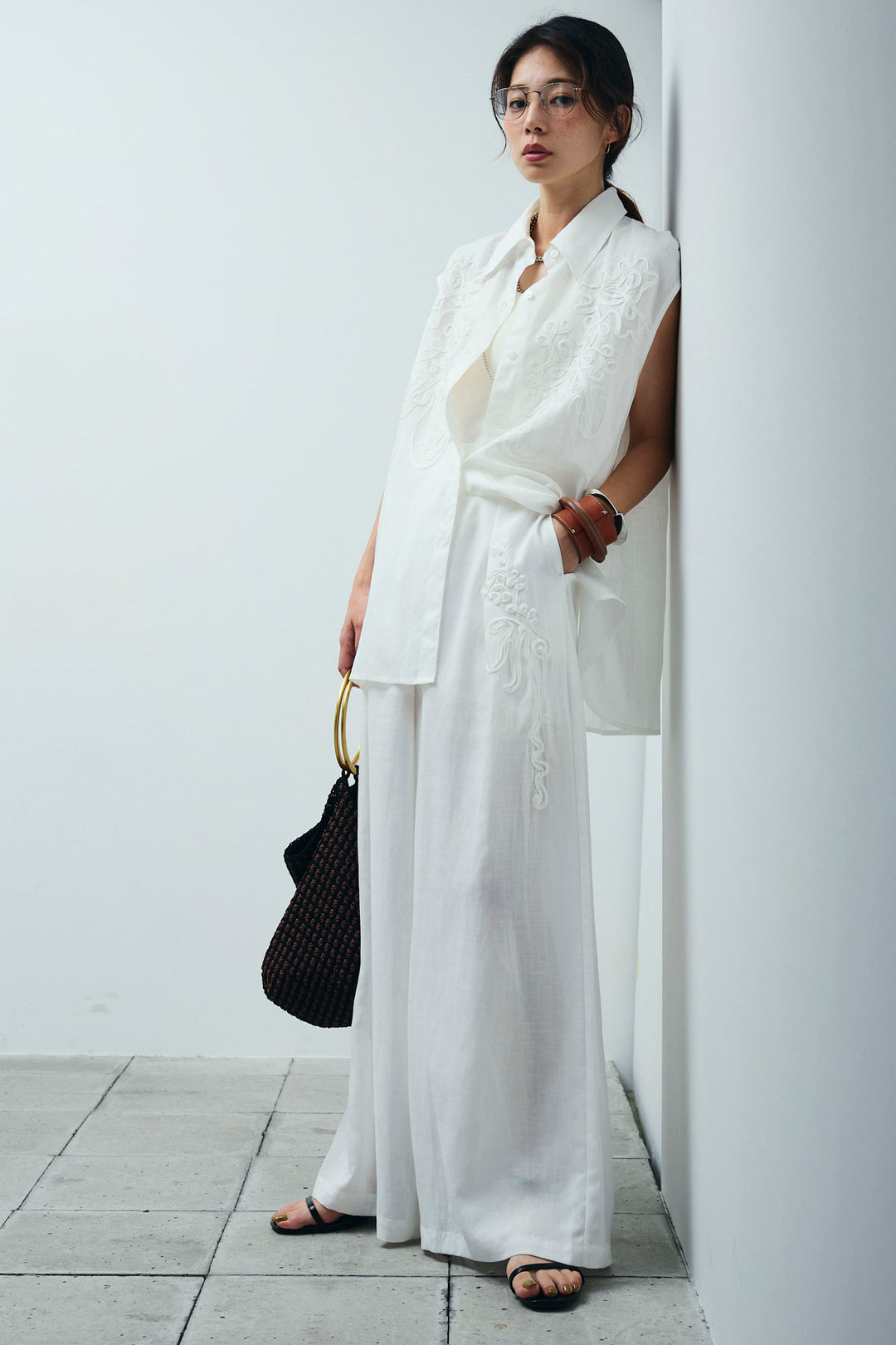 [予約/SET]リネンミックステープ刺繍シャツ+リネンミックステープ刺繍ワイドパンツ(2set)