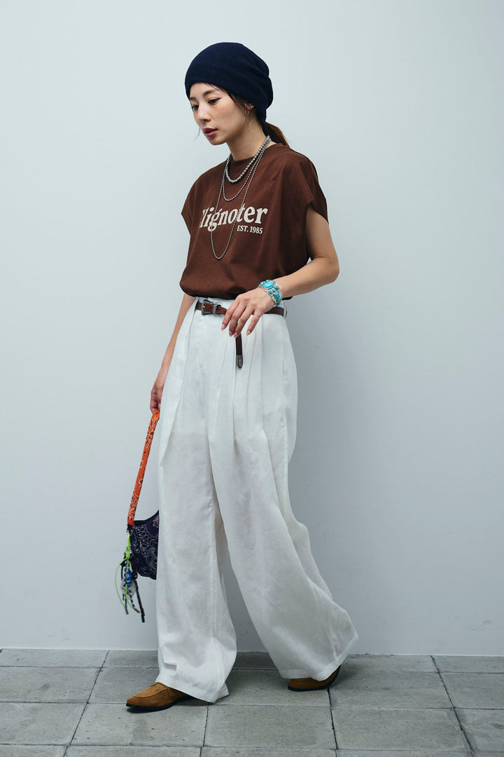 [予約/SET]オーバーサイズロゴT+リネンミックスウエストデザインワイドパンツ(2set)