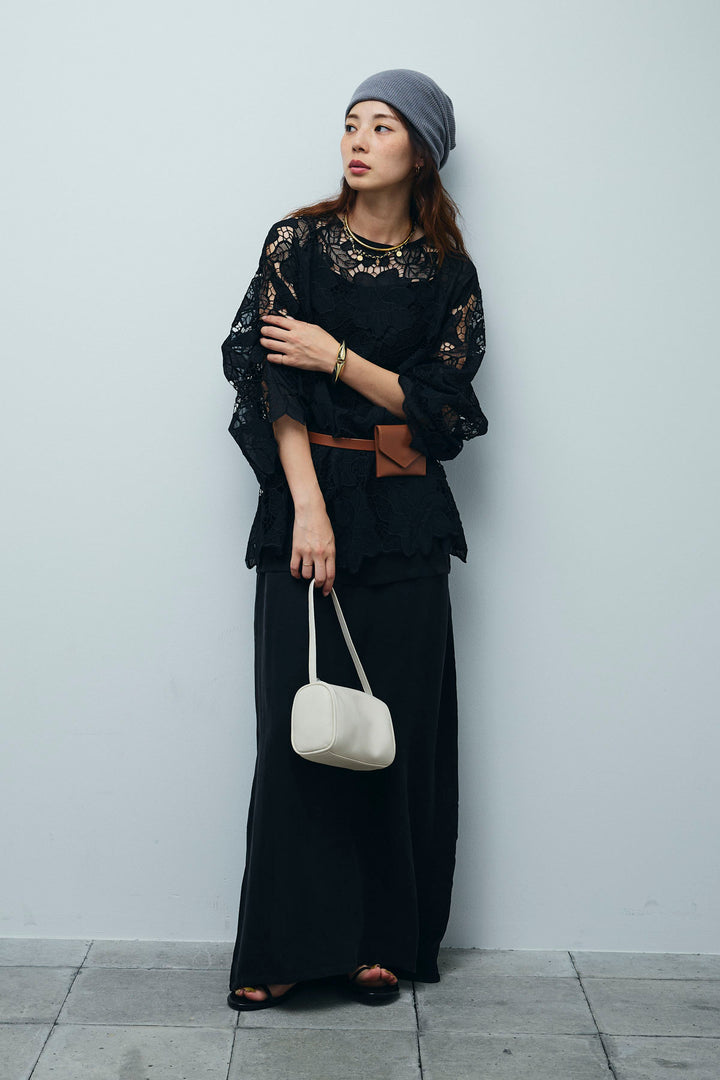 [予約/SET]フラワー刺繍レースフレアブラウス+とろみ切り替えナロースカート(2set)