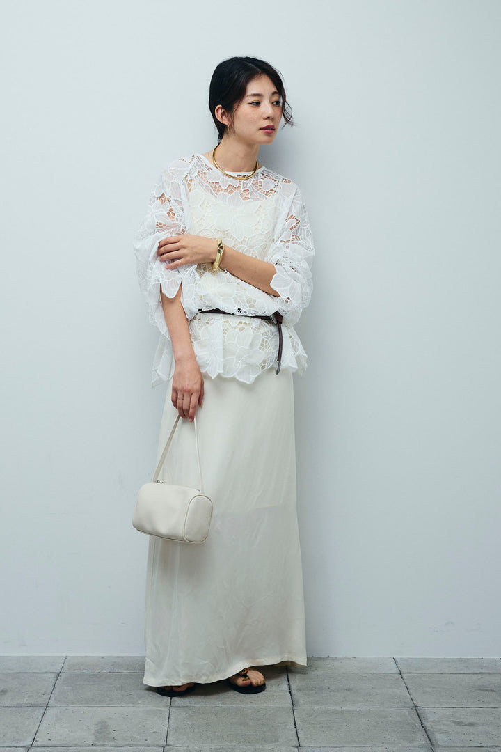 [予約/SET]フラワー刺繍レースフレアブラウス+とろみ切り替えナロースカート(2set)