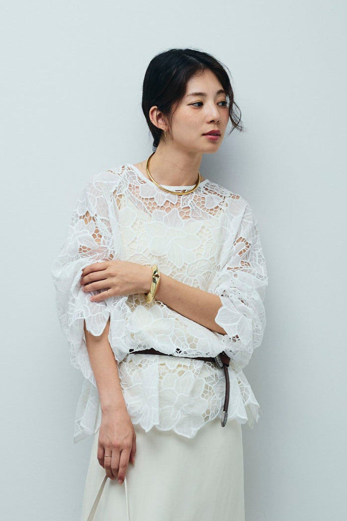 [予約/SET]フラワー刺繍レースフレアブラウス+とろみキャミソール(2set)