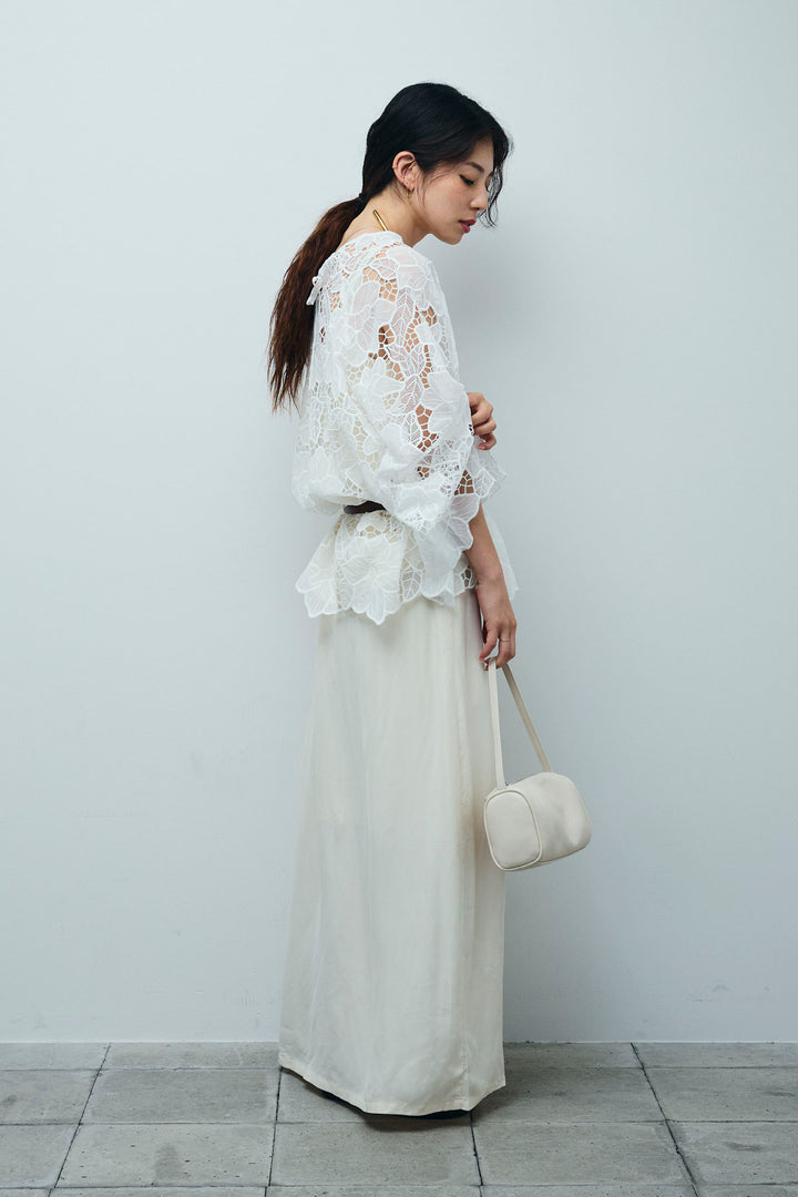 [予約/SET]フラワー刺繍レースフレアブラウス+とろみキャミソール+とろみ切り替えナロースカート(3set)