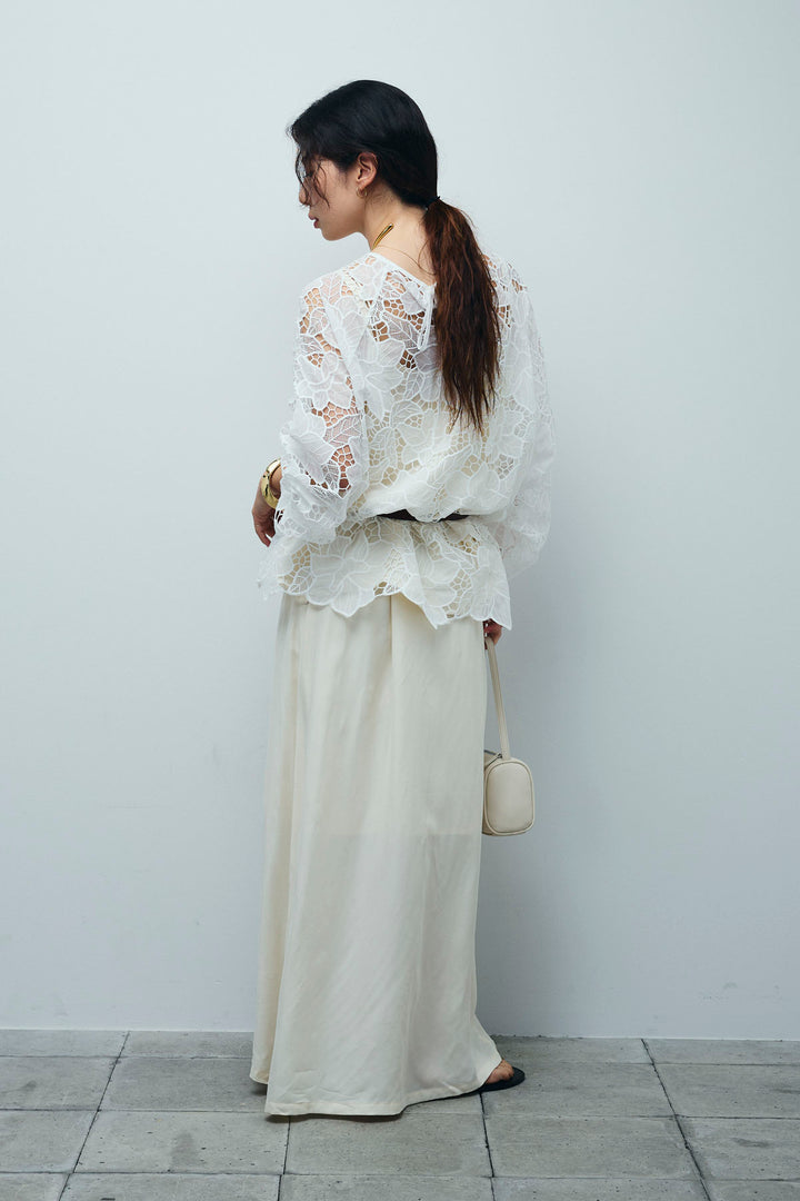 [予約/SET]フラワー刺繍レースフレアブラウス+とろみ切り替えナロースカート(2set)
