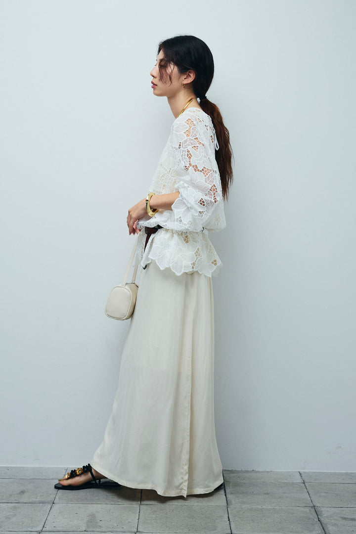 [予約/SET]フラワー刺繍レースフレアブラウス+とろみ切り替えナロースカート(2set)