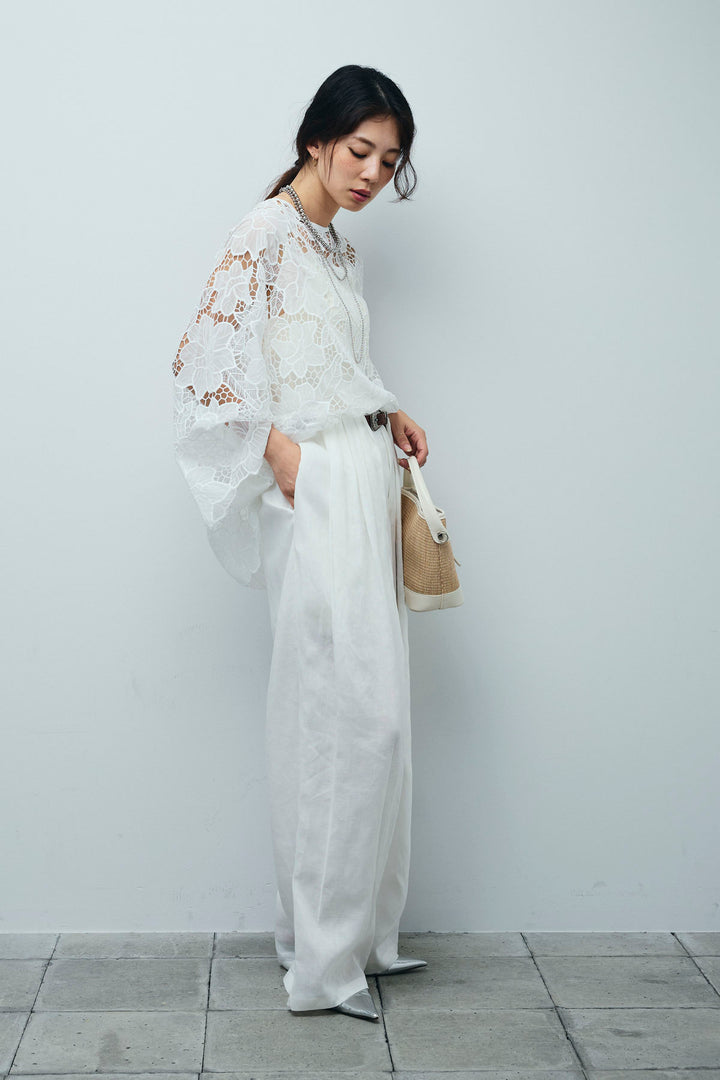 [予約/SET]フラワー刺繍レースフレアブラウス+リネンミックスウエストデザインワイドパンツ(2set)