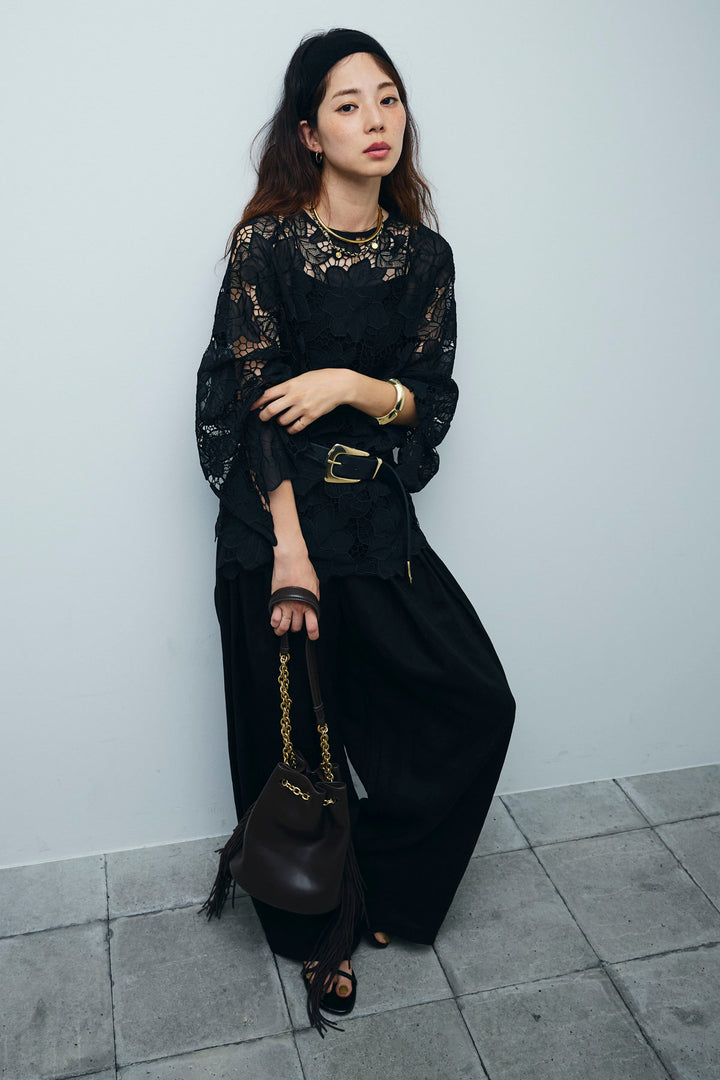 [予約/SET]フラワー刺繍レースフレアブラウス+リネンミックスウエストデザインワイドパンツ(2set)