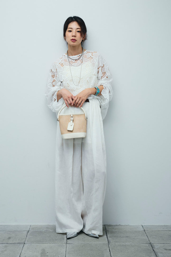 [予約/SET]フラワー刺繍レースフレアブラウス+リネンミックスウエストデザインワイドパンツ(2set)