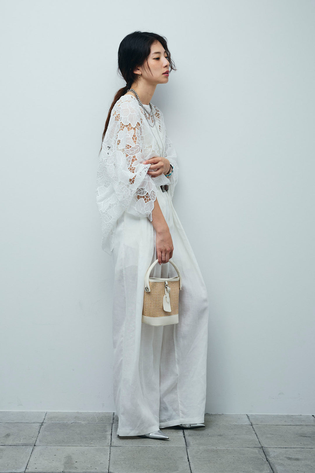 [予約/SET]フラワー刺繍レースフレアブラウス+リネンミックスウエストデザインワイドパンツ(2set)