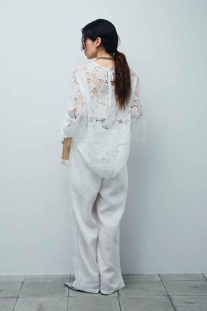 [予約/SET]フラワー刺繍レースフレアブラウス+リネンミックスウエストデザインワイドパンツ(2set)