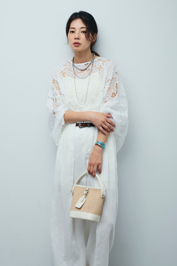 [予約/SET]フラワー刺繍レースフレアブラウス+リネンミックスウエストデザインワイドパンツ(2set)