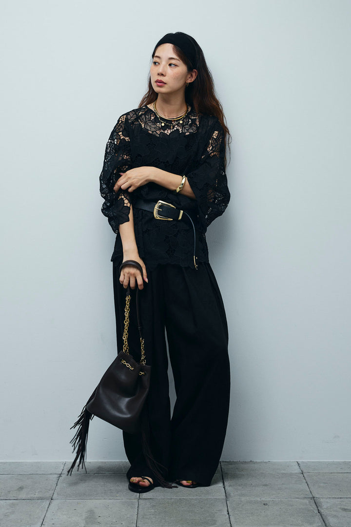 [予約/SET]フラワー刺繍レースフレアブラウス+リネンミックスウエストデザインワイドパンツ(2set)