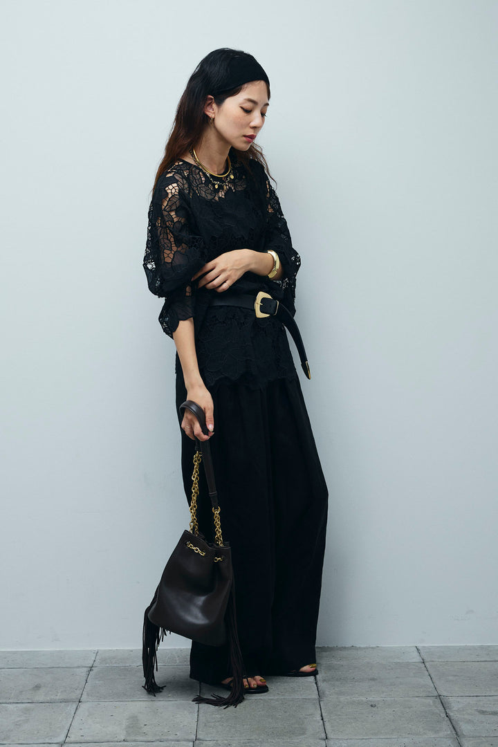 [予約/SET]フラワー刺繍レースフレアブラウス+リネンミックスウエストデザインワイドパンツ(2set)