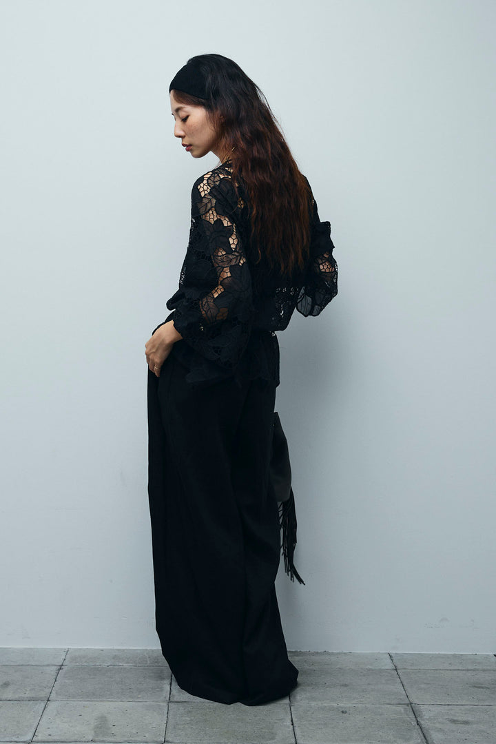 [予約/SET]フラワー刺繍レースフレアブラウス+リネンミックスウエストデザインワイドパンツ(2set)