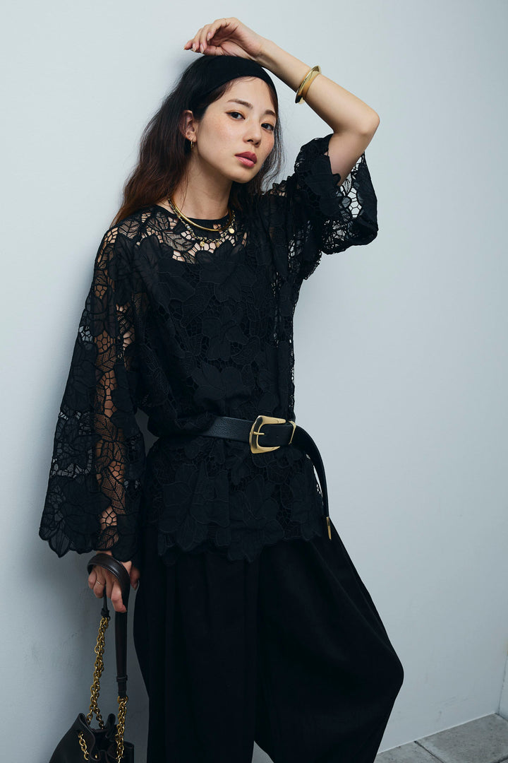 [予約/SET]フラワー刺繍レースフレアブラウス+リネンミックスウエストデザインワイドパンツ(2set)