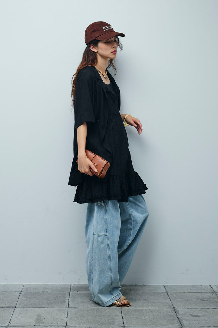 [予約/SET]ハーフスリーブリネン混とろみジャケット+しわ加工フリルキャミチュニック (2set)