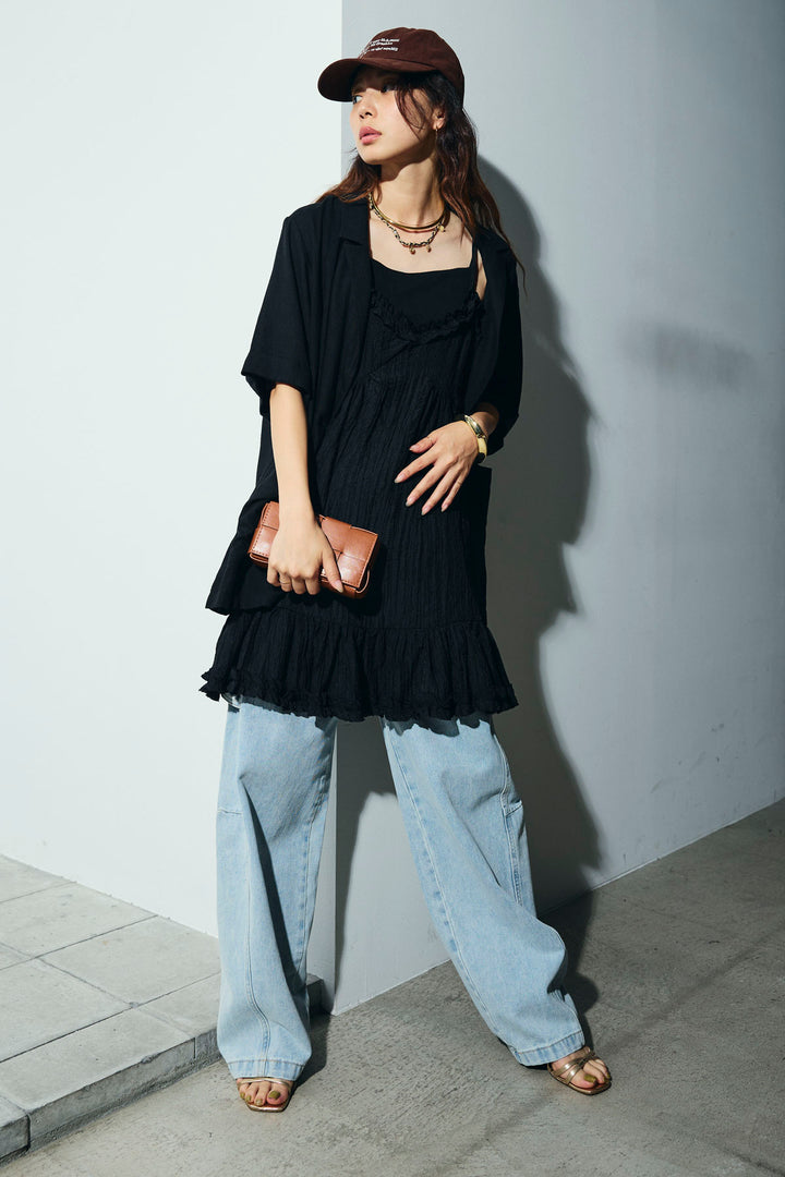 [予約/SET]ハーフスリーブリネン混とろみジャケット+しわ加工フリルキャミチュニック (2set)