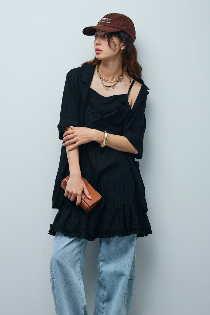 [予約/SET]ハーフスリーブリネン混とろみジャケット+しわ加工フリルキャミチュニック (2set)