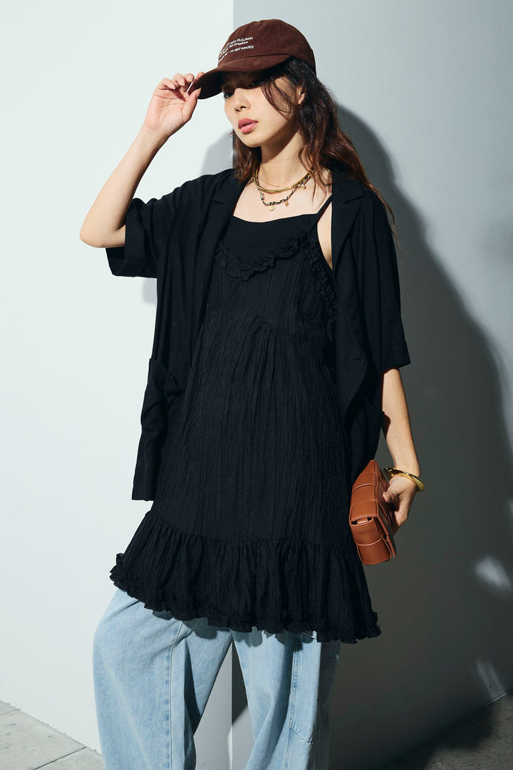 [予約/SET]ハーフスリーブリネン混とろみジャケット+しわ加工フリルキャミチュニック (2set)