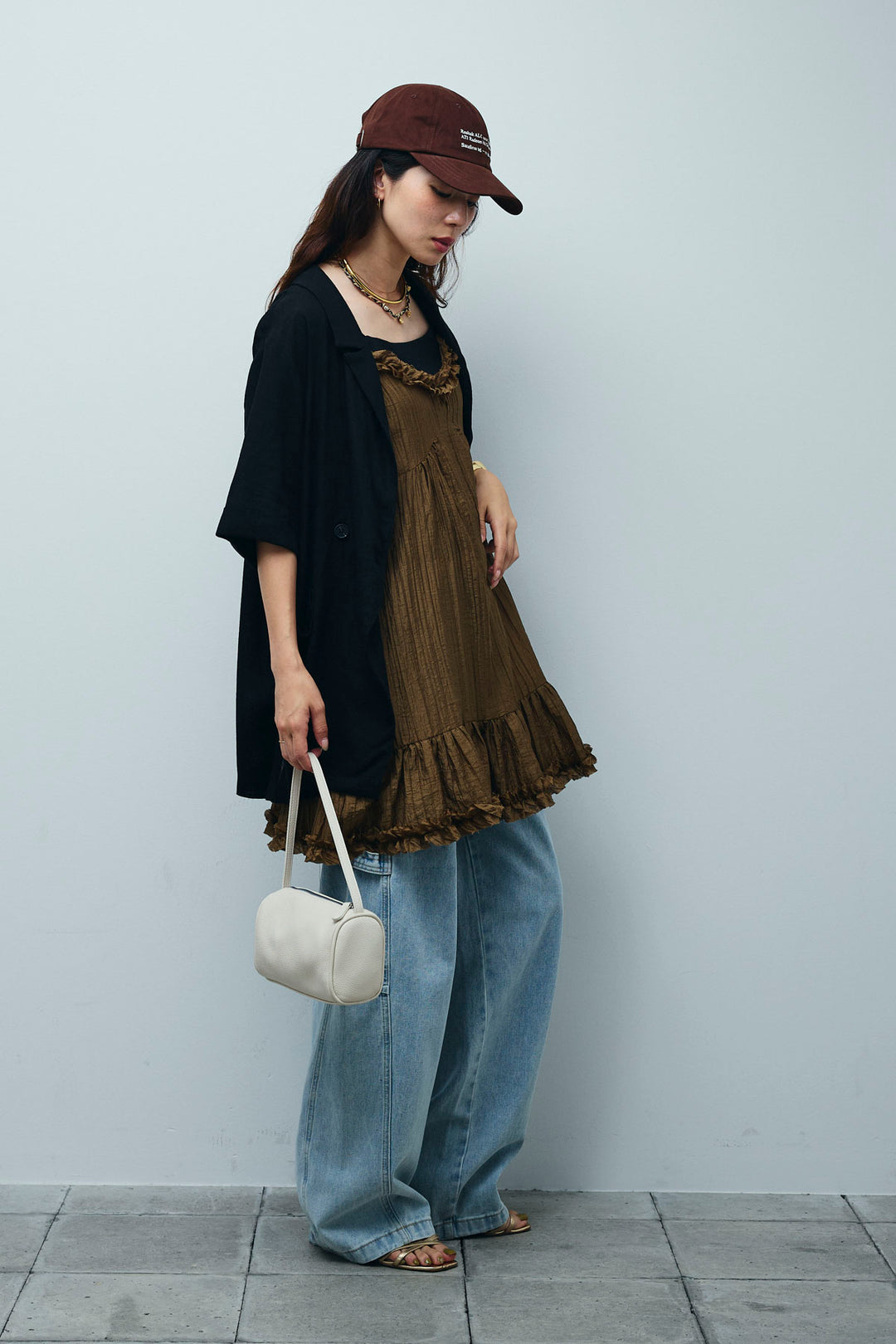 [予約/SET]ハーフスリーブリネン混とろみジャケット+しわ加工フリルキャミチュニック (2set)