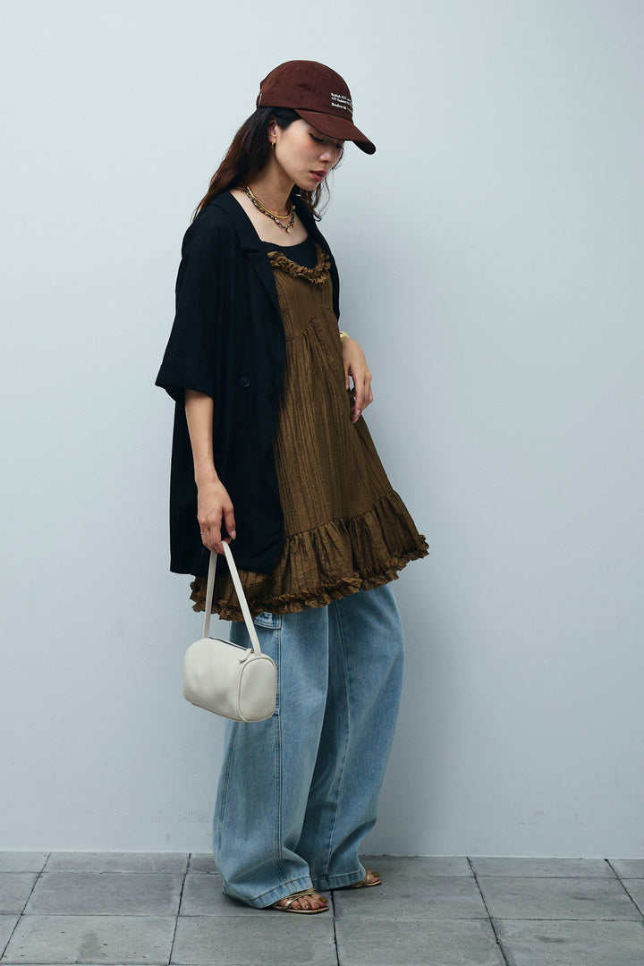 [予約/SET]ハーフスリーブリネン混とろみジャケット+しわ加工フリルキャミチュニック (2set)