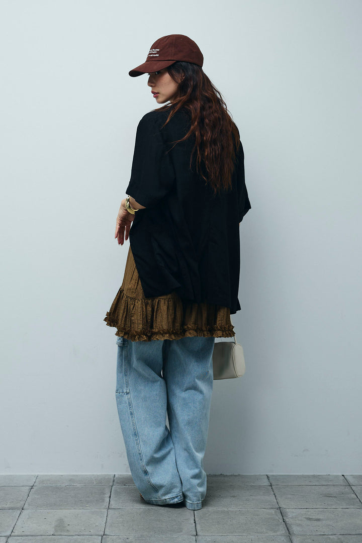 [予約/SET]ハーフスリーブリネン混とろみジャケット+しわ加工フリルキャミチュニック (2set)