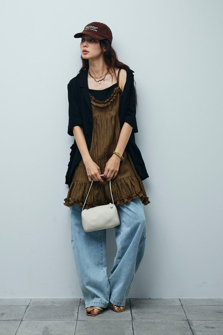 [予約/SET]ハーフスリーブリネン混とろみジャケット+しわ加工フリルキャミチュニック (2set)