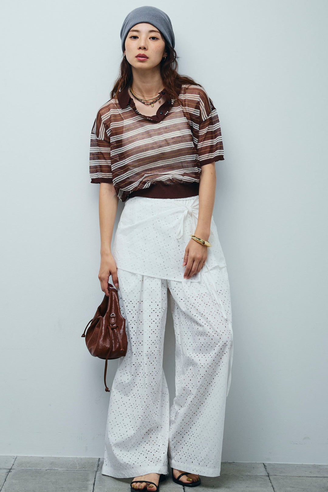 [予約/SET]シアーボーダーポロ+アイレットレースラップ付きパンツ(2set)