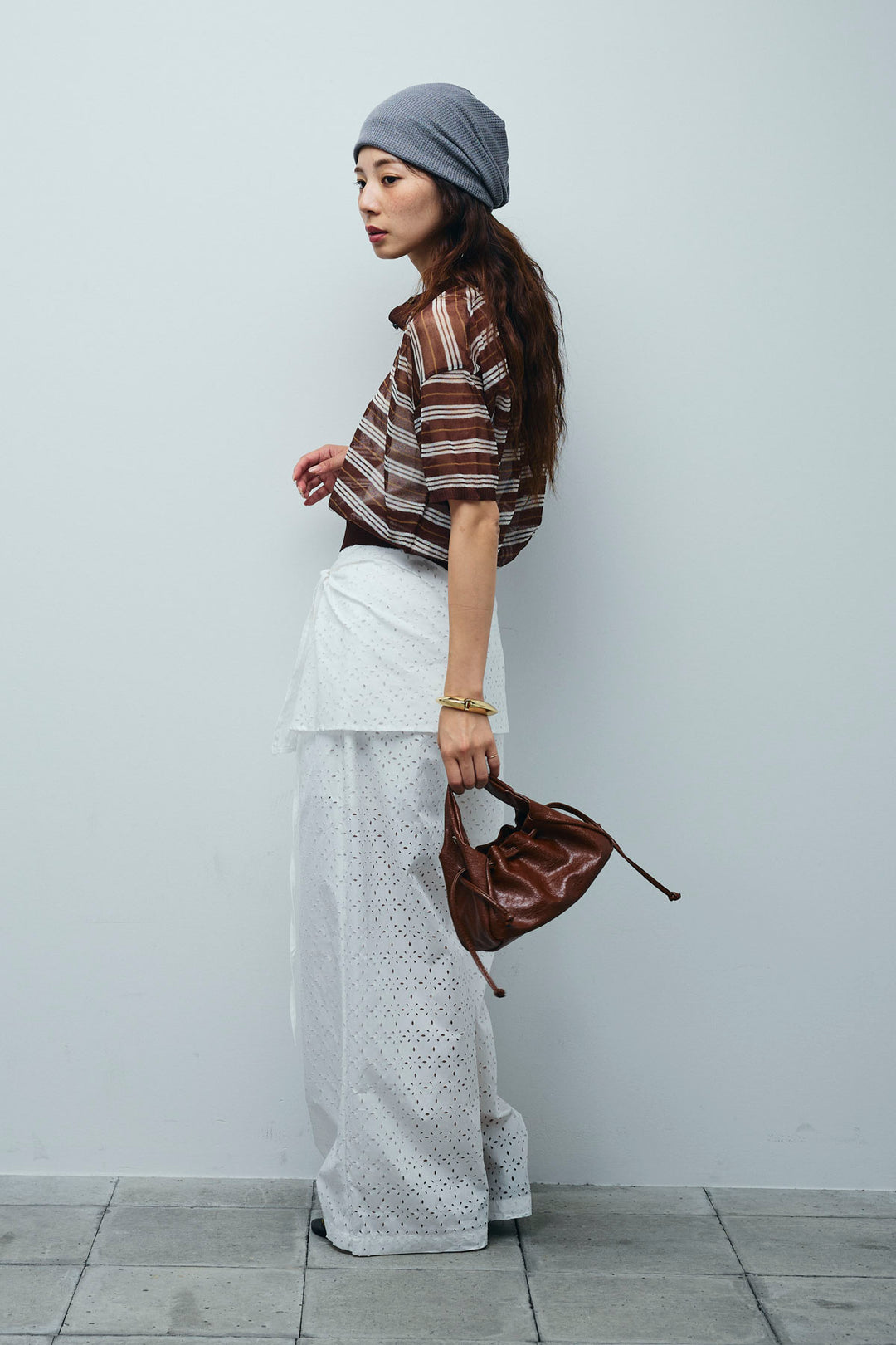 [予約/SET]シアーボーダーポロ+アイレットレースラップ付きパンツ(2set)