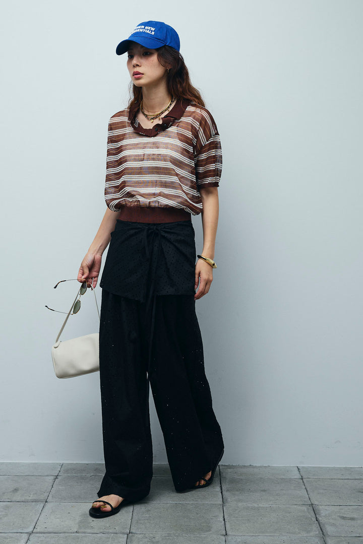 [予約/SET]シアーボーダーポロ+アイレットレースラップ付きパンツ(2set)