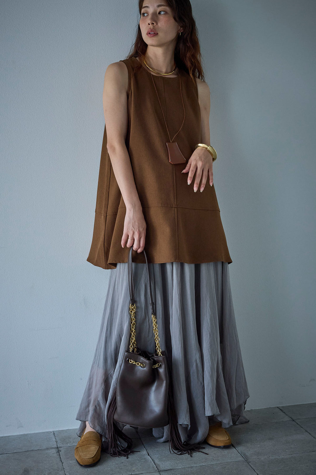 [予約/SET]ノースリーブチュニック+リネン混シアーフレアスカート(2set)