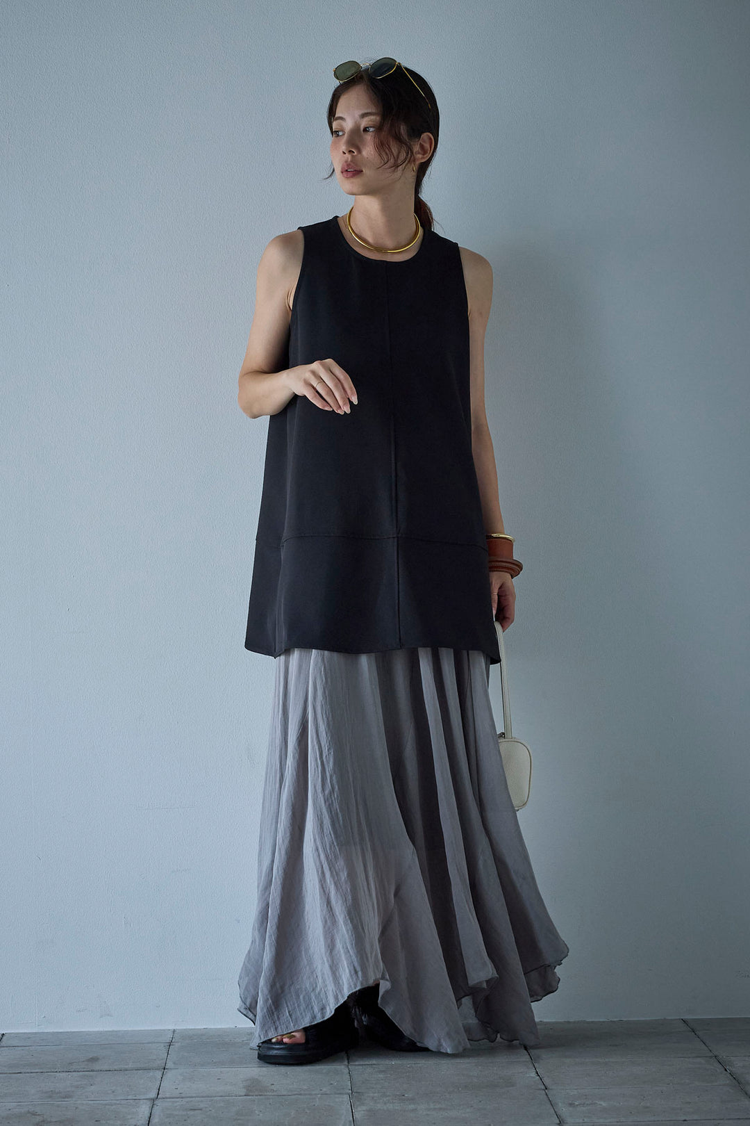 [予約/SET]ノースリーブチュニック+リネン混シアーフレアスカート(2set)