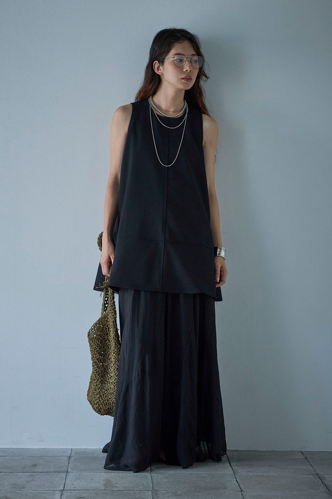 [予約/SET]ノースリーブチュニック+リネン混シアーフレアスカート(2set)